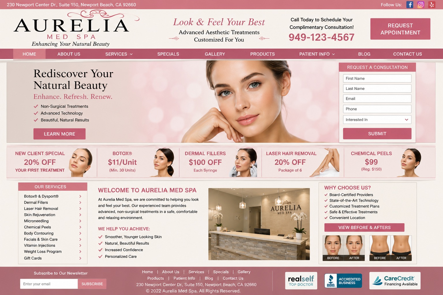 Before and After Website Design Client Aurelia Med Spa - Before