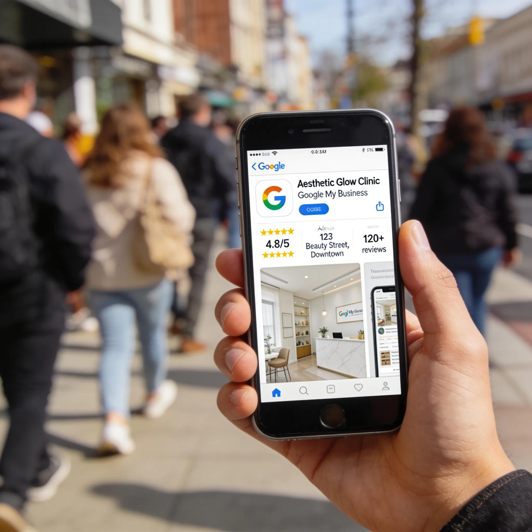 Smartphone displaying Google My Business listing for an aesthetic clinic in a busy street