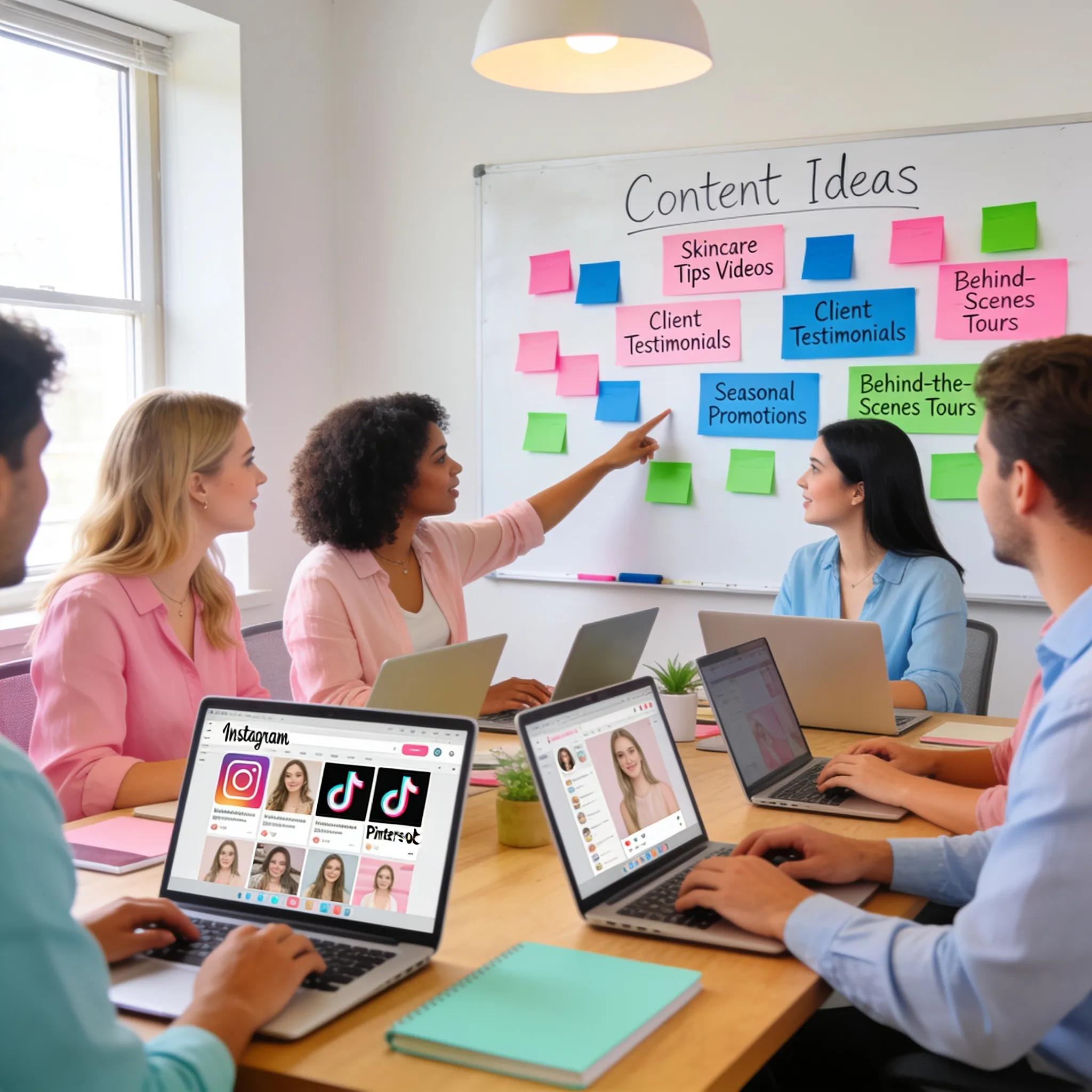 Med spa team brainstorming content marketing strategies in a creative workspace