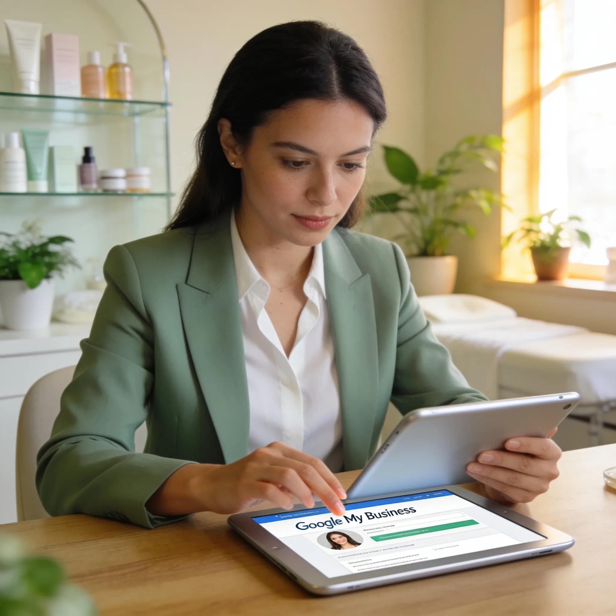 Med spa owner optimizing Google My Business profile in a professional spa setting