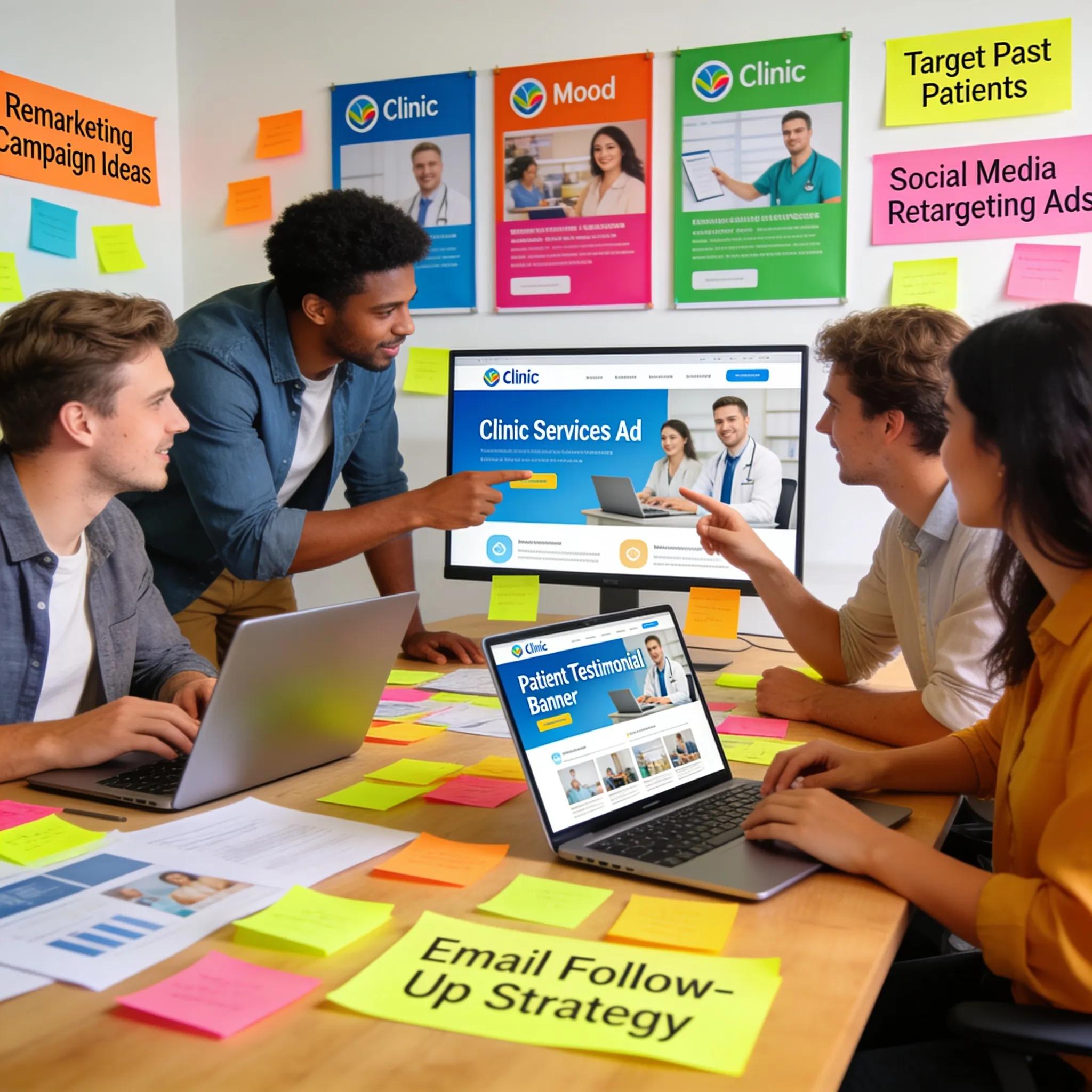 Creative workspace of a marketing team designing high-impact remarketing campaigns for clinics