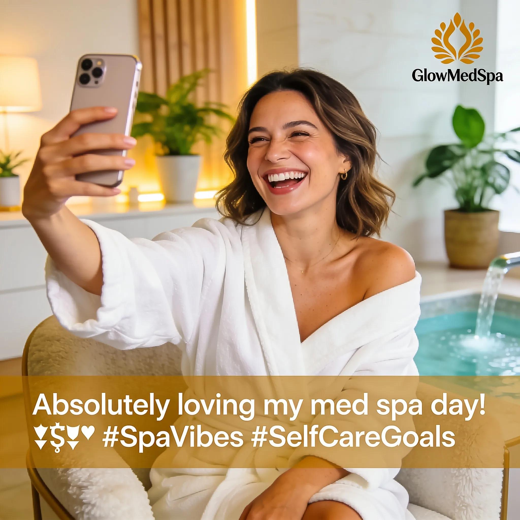 Satisfied client sharing experience on social media in a med spa, reflecting strong online reputation