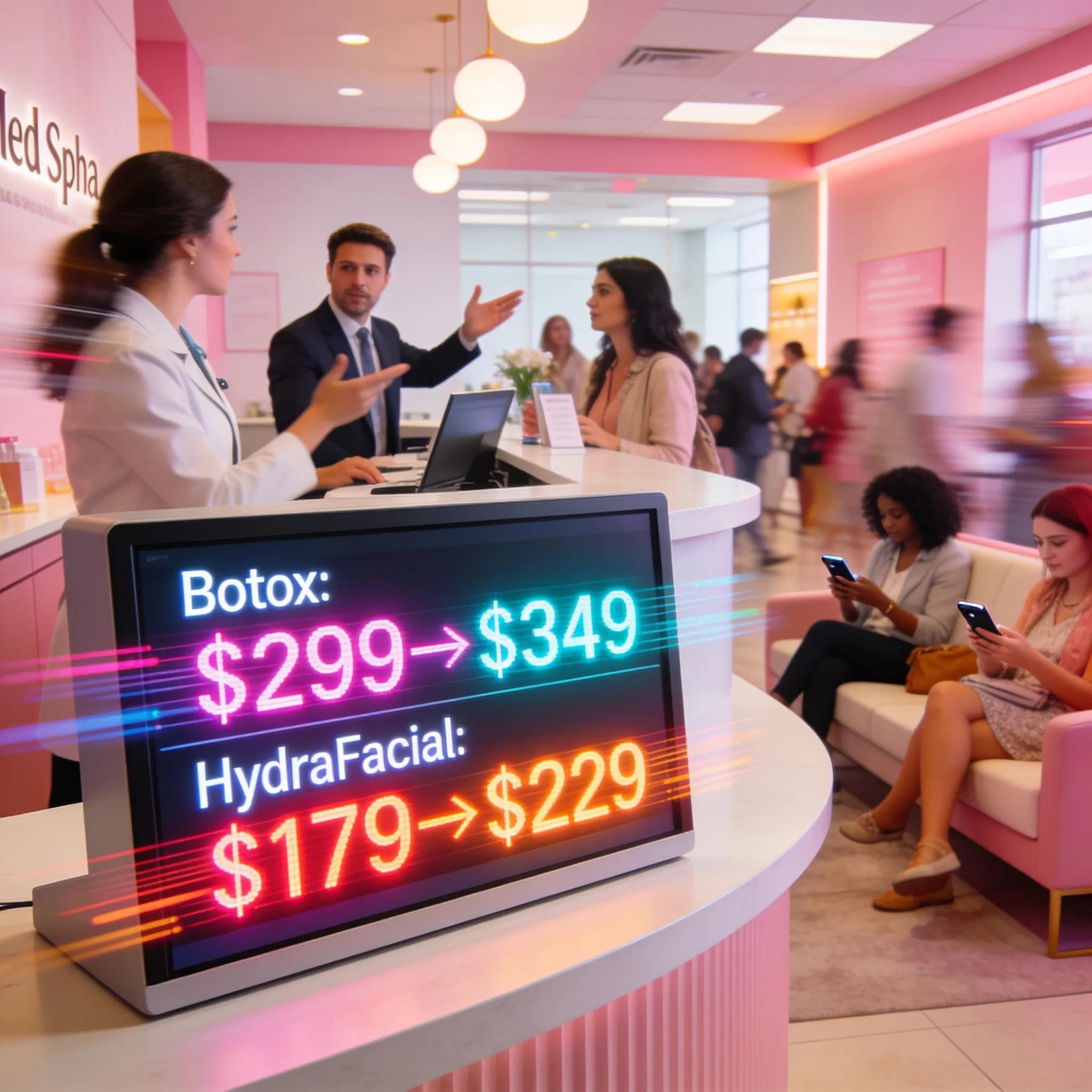 12a91b9c 28b0 4bb4 B558 E7fa99d92c3a Dynamic pricing display in a busy med spa reception area
