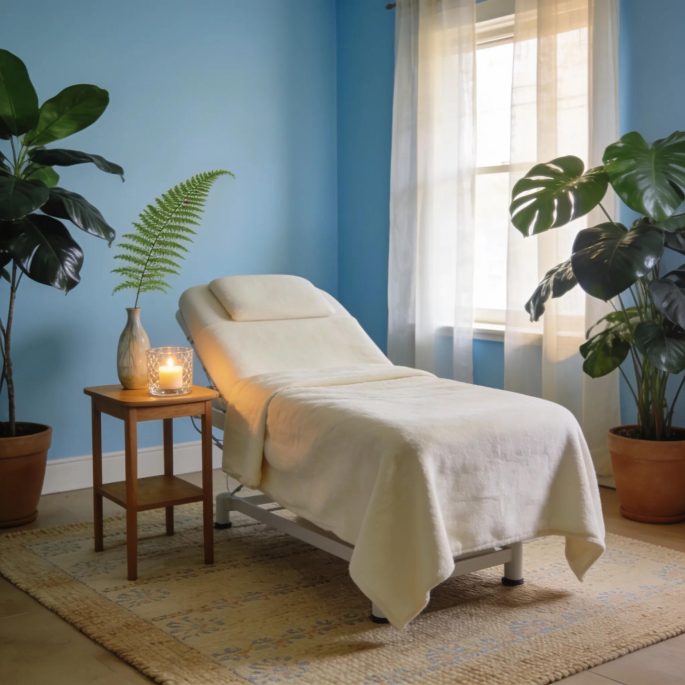 Inviting med spa treatment room with calming decor and soft lighting
