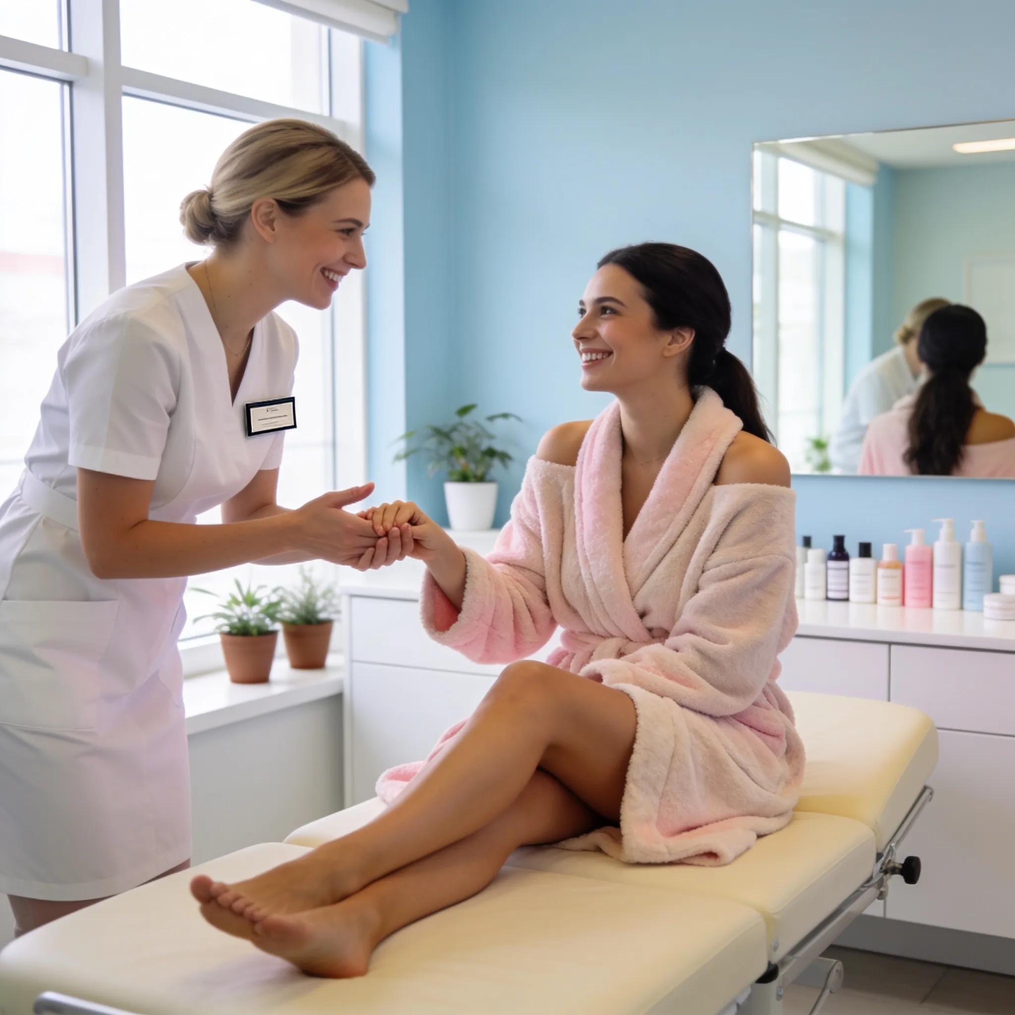 1dbaa94a 5a57 45e6 Ab10 1af205efe87f Med spa staff member interacting with a satisfied client in a modern spa environment
