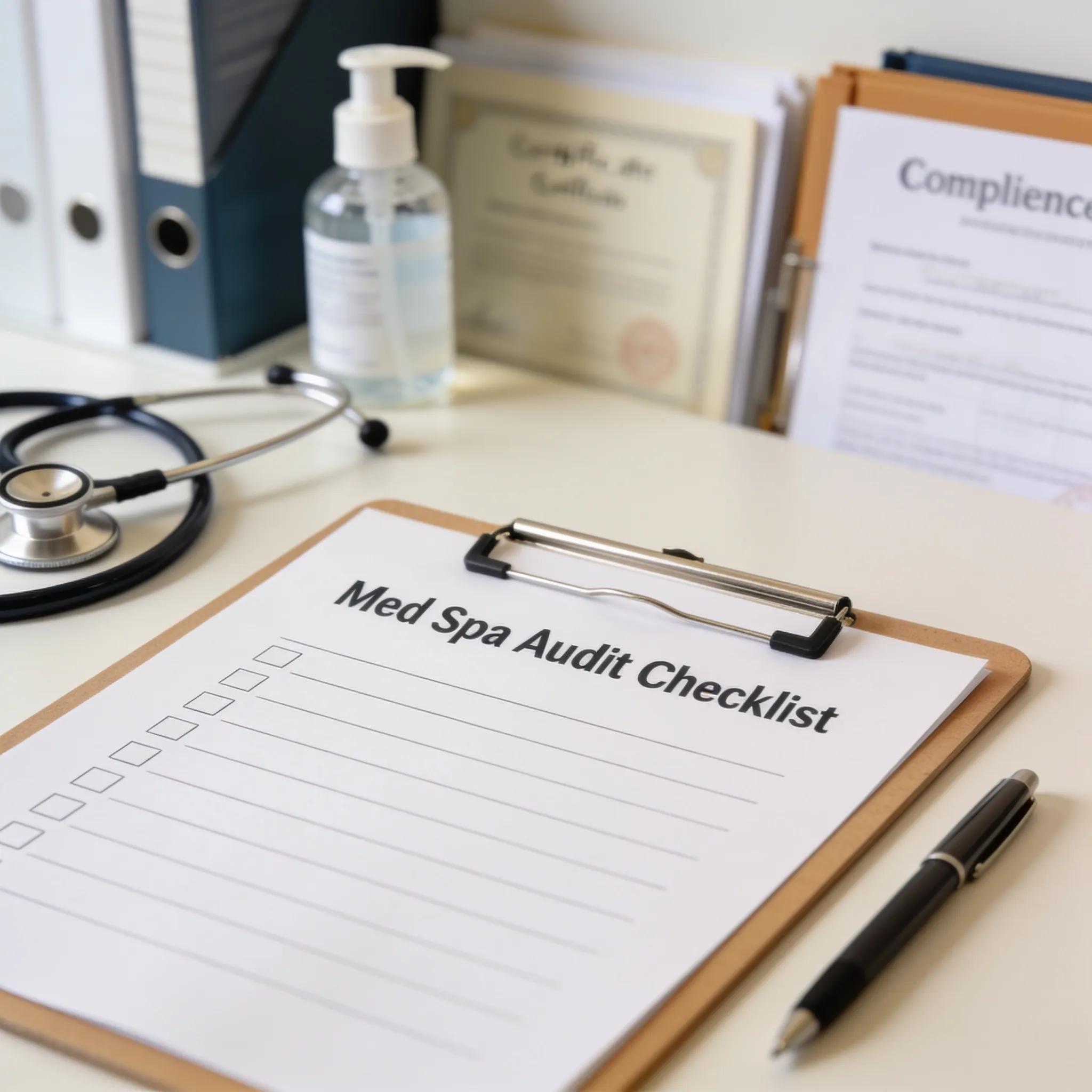 371c83f4 28ab 4fb0 9372 D9cc4b2f7592 Close-up of a med spa audit checklist on a clipboard in a professional setting