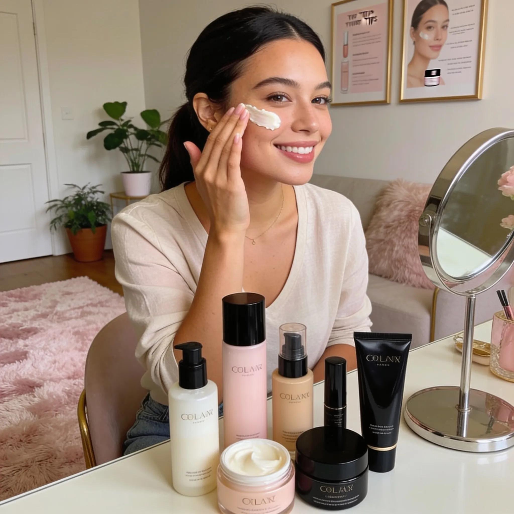 Beauty influencer applying skincare products in a stylish home environment