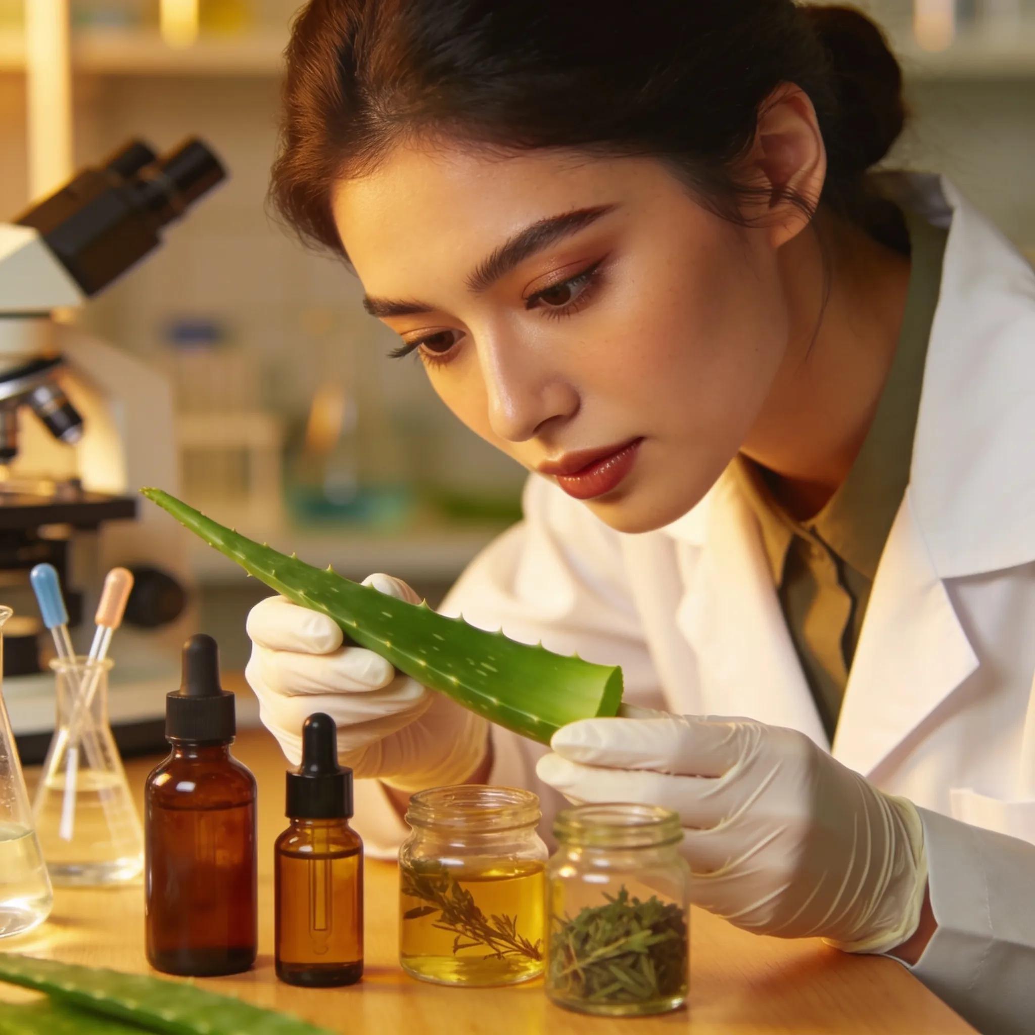 50cbec20 C2d6 4440 9f66 Ebe00bb462b9 Skincare formulator analyzing natural ingredients in a laboratory setting