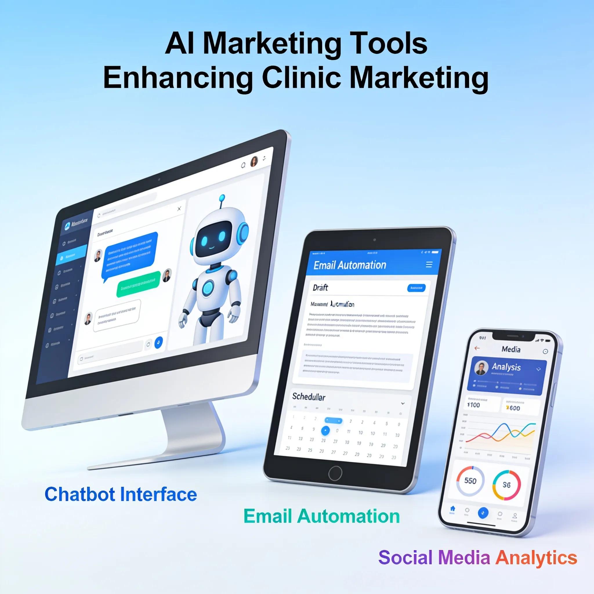 63898ee0 92c2 4b50 A978 A52f72049c1f Illustration of AI marketing tools for clinics including chatbots and analytics