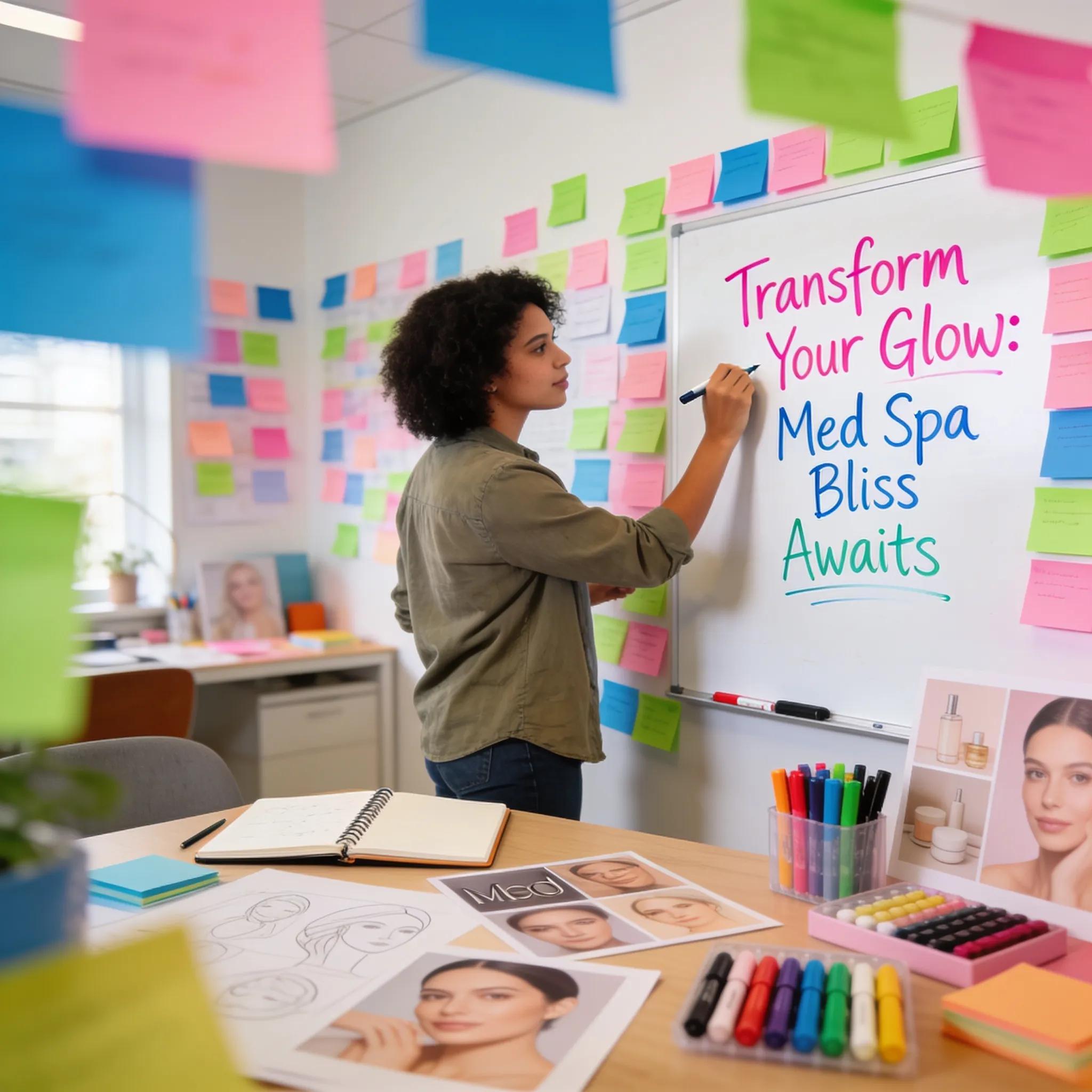 Creative workspace where marketing specialist develops compelling ad copy for med spas