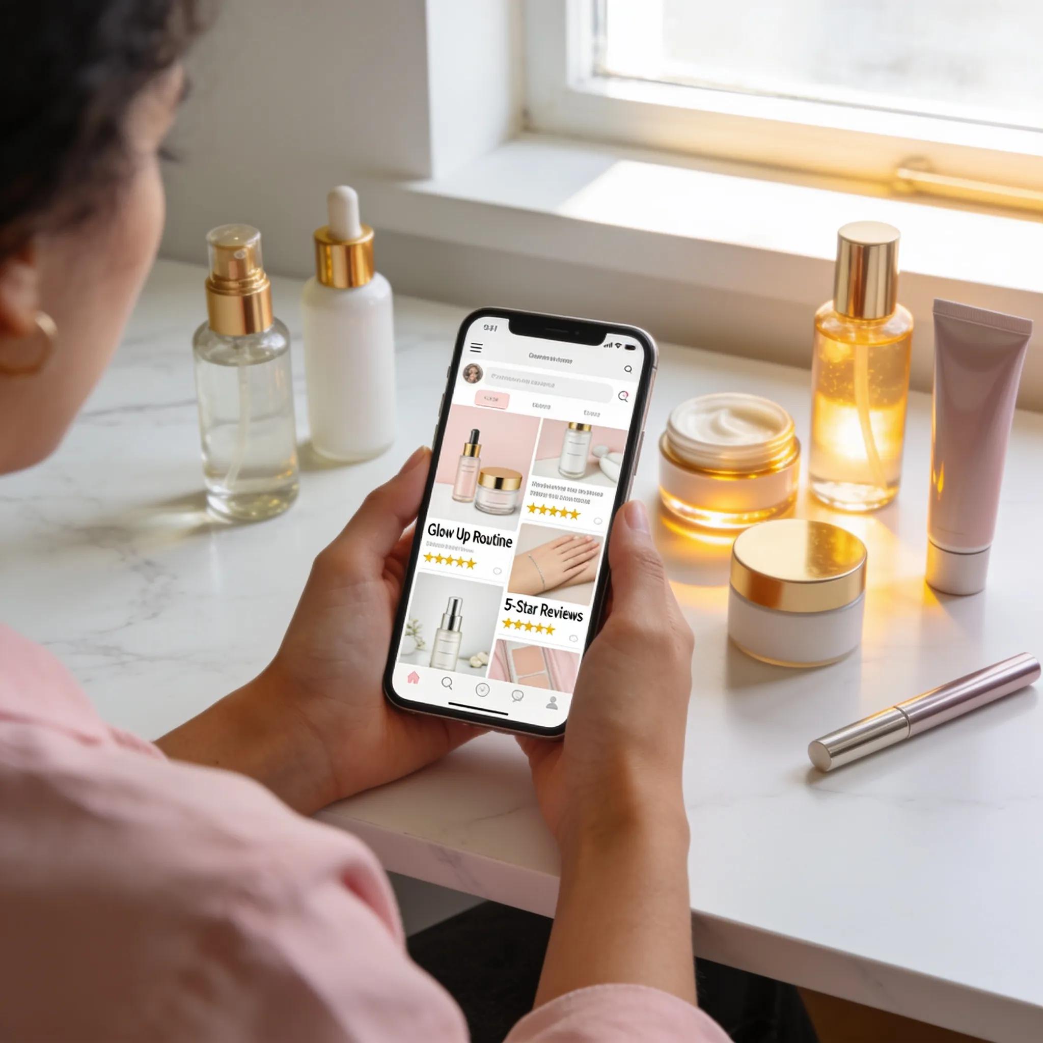 80c3ef79 291d 40bd B798 5fbafdb9d31c Person engaging with skincare products on social media using a smartphone, surrounded by real skincare items