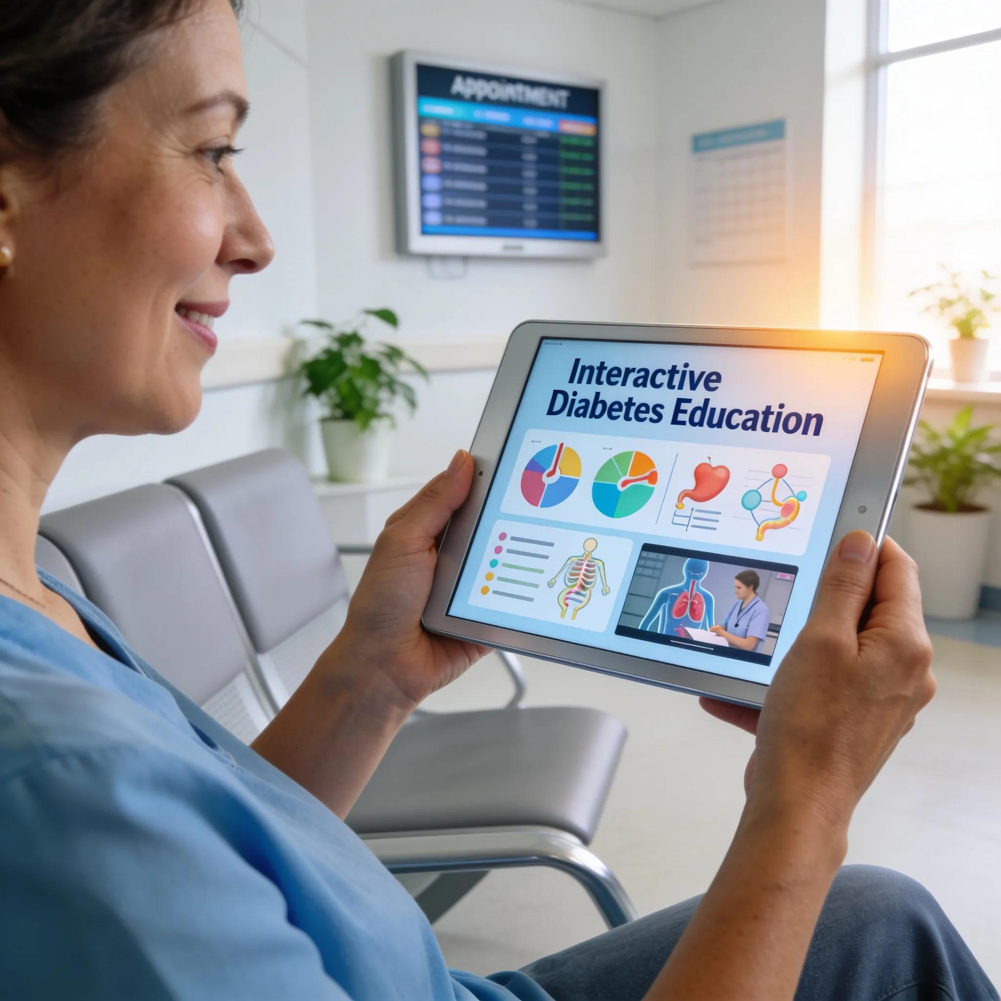 Patient engaging with multimedia educational content on a tablet in a modern clinic setting