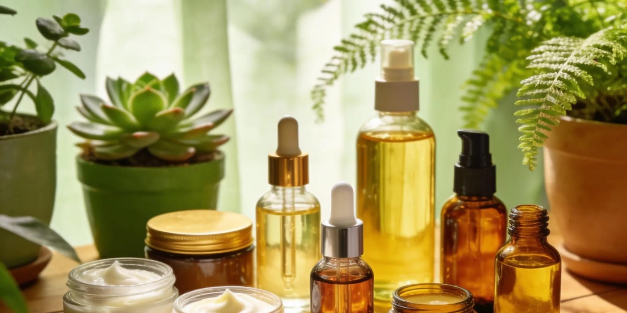 Diverse skincare products displayed on a wooden table with natural lighting and greenery