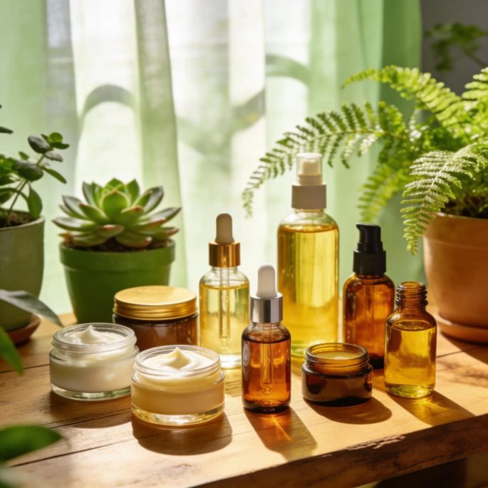 a1f257d1-fb5a-46e9-b996-6c1aa24cda28.webp Diverse skincare products displayed on a wooden table with natural lighting and greenery