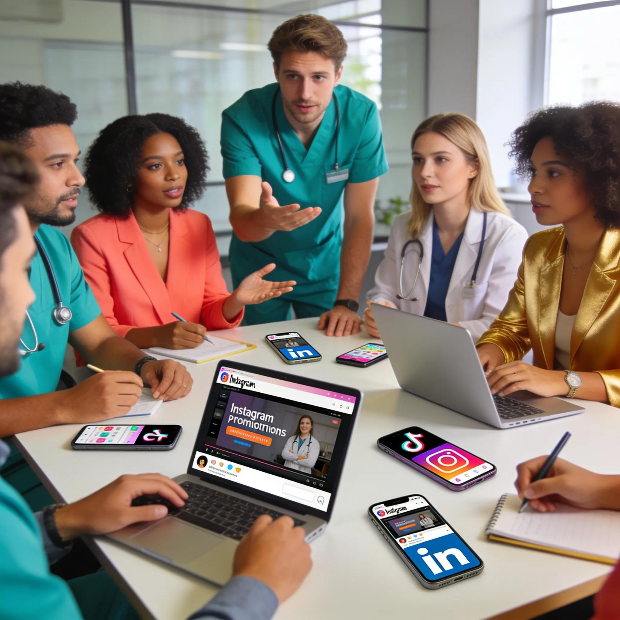 Team of healthcare marketers discussing social media video strategies in a collaborative workspace to increase bookings