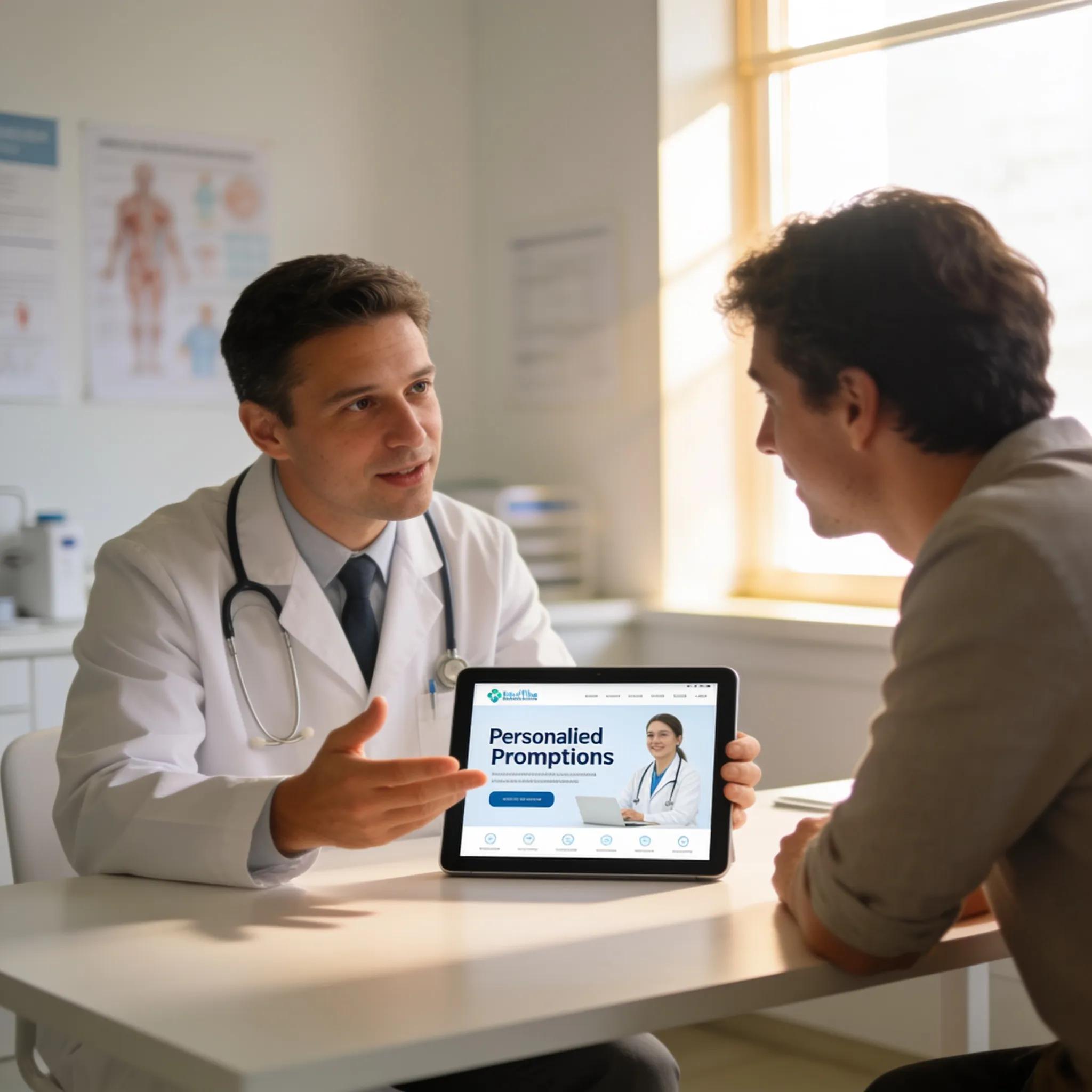 Healthcare professional explaining a personalized promotion to a patient, showcasing the importance of automation in engagement