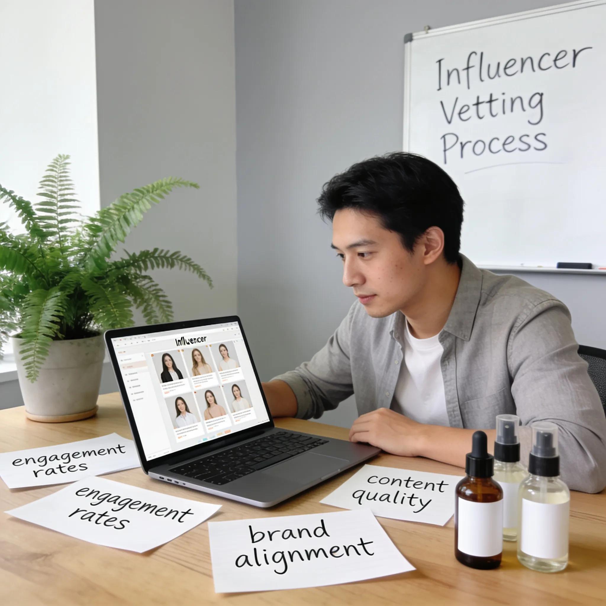 Skincare brand manager analyzing influencer profiles on a laptop in a modern office, emphasizing professional partnerships