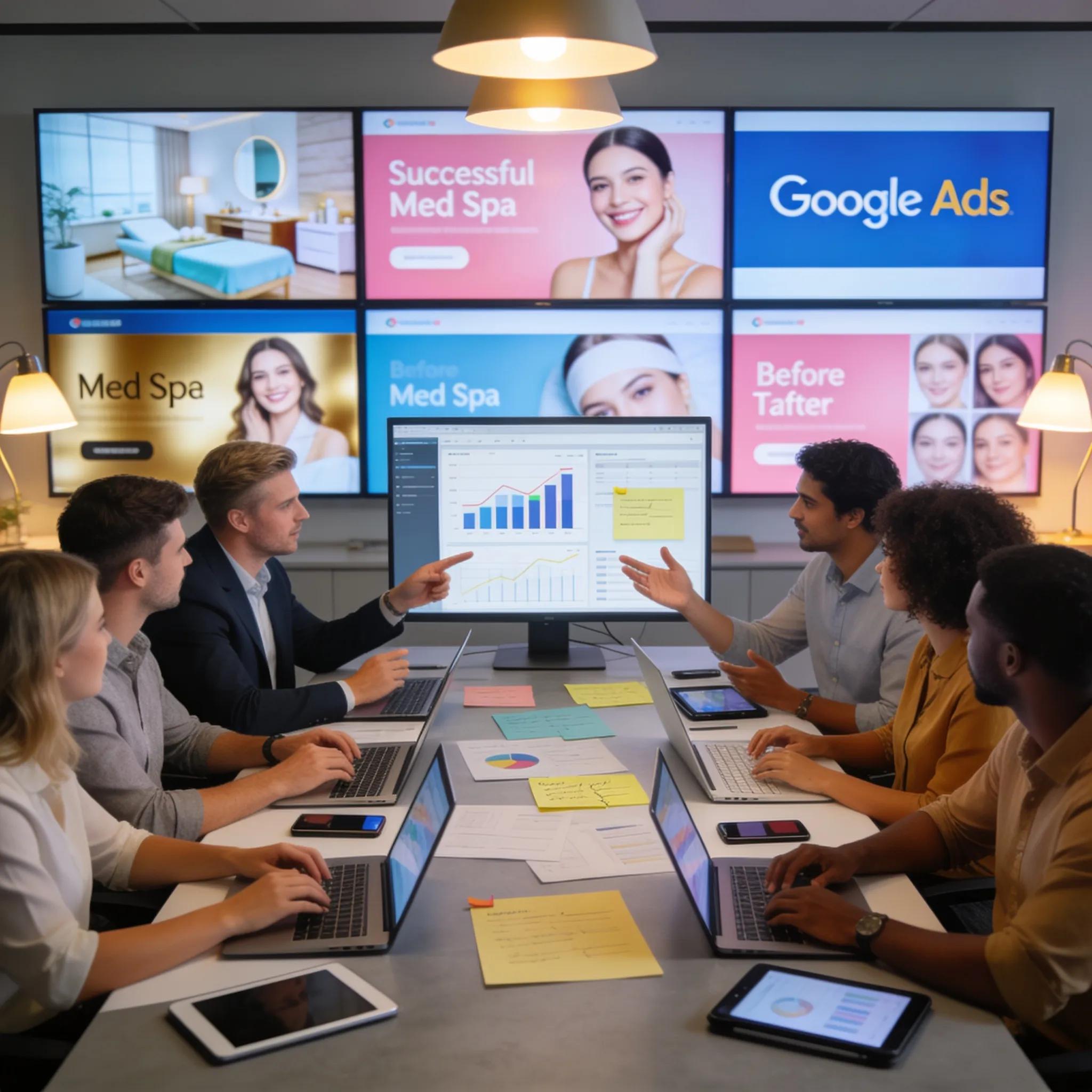 Marketing team planning digital advertising strategies for medical spas