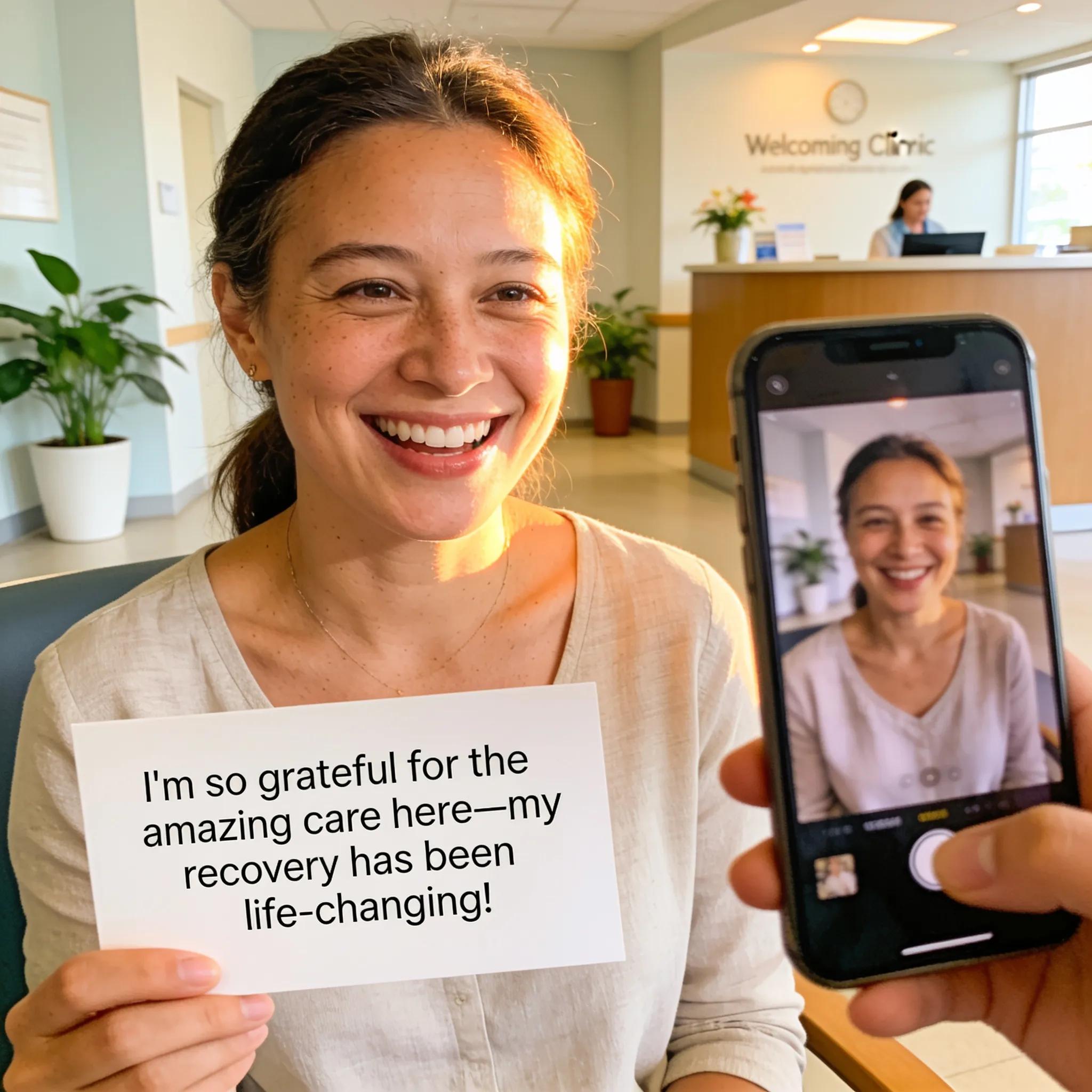 Patient sharing a positive testimonial in a clinic, emphasizing trust and influence of testimonials on appointment requests