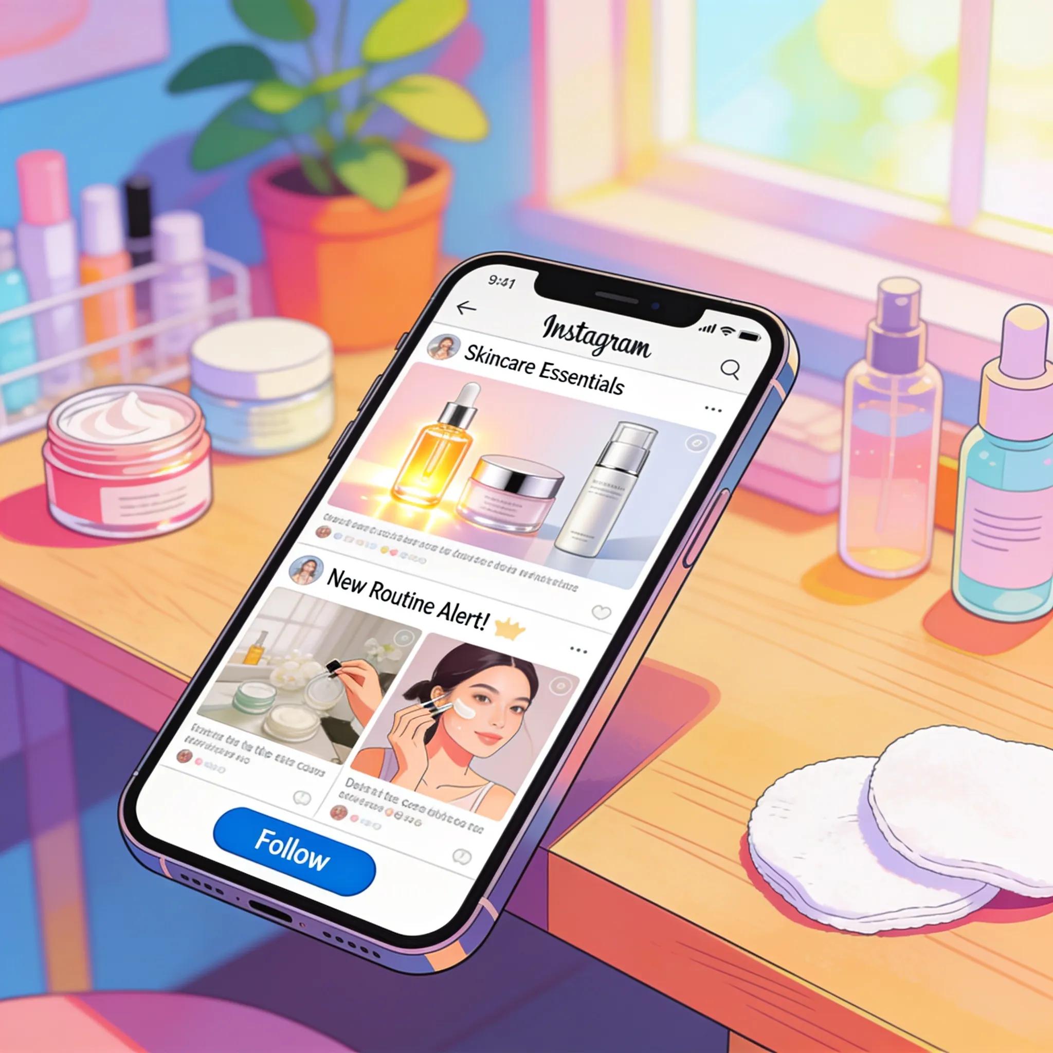 Smartphone displaying an engaging Instagram feed with skincare posts, illustrating effective social media marketing strategies