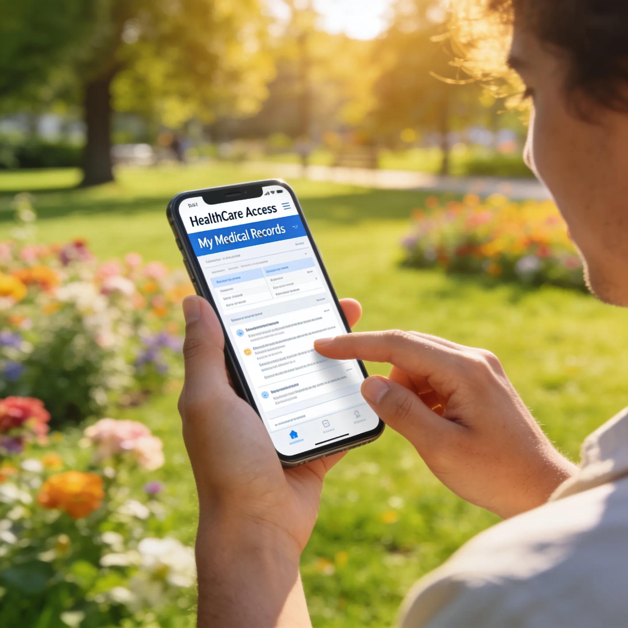 Dd149282 1a69 404f A02f 83079381d2f9 Individual accessing healthcare information on a mobile device in a vibrant outdoor setting.