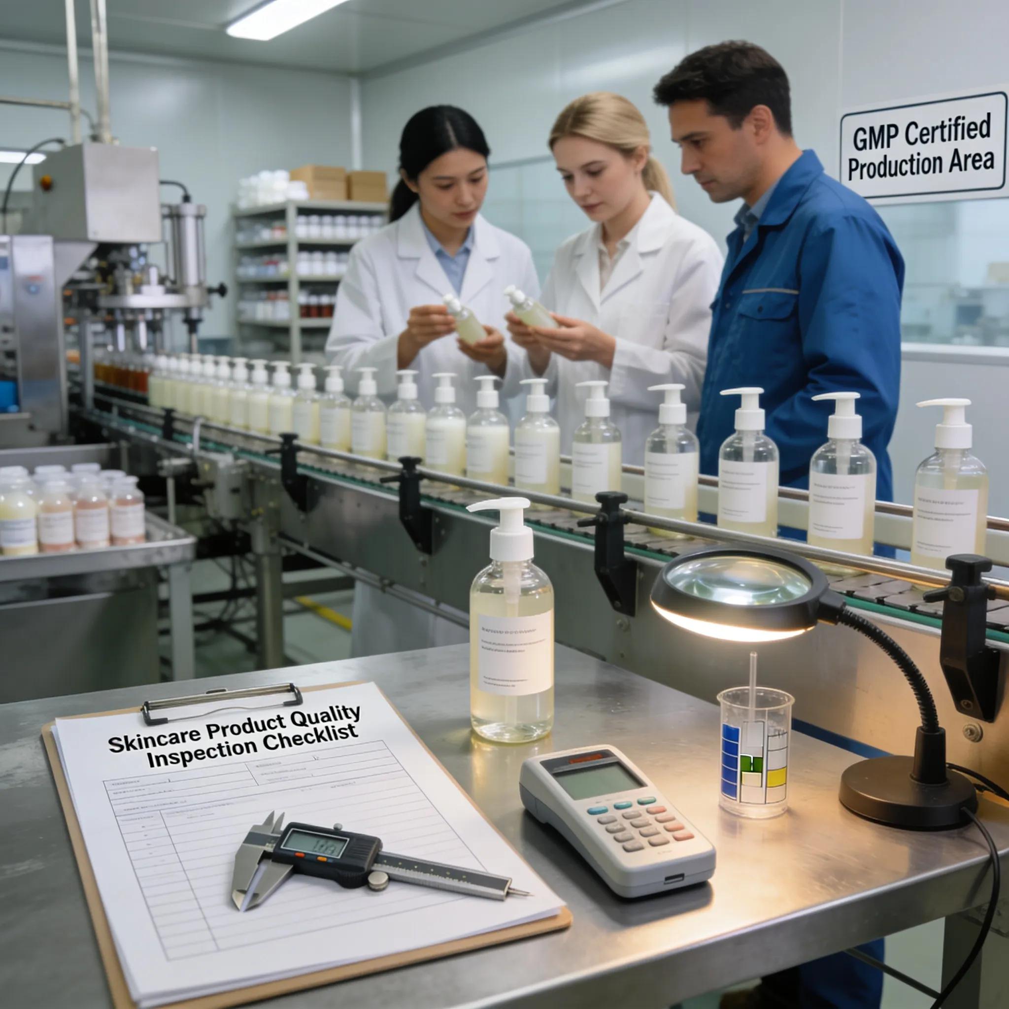 E6fca709 3dc8 4fca Ae24 A84167f934b3 Quality assurance team inspecting skincare products on a conveyor belt in a manufacturing facility