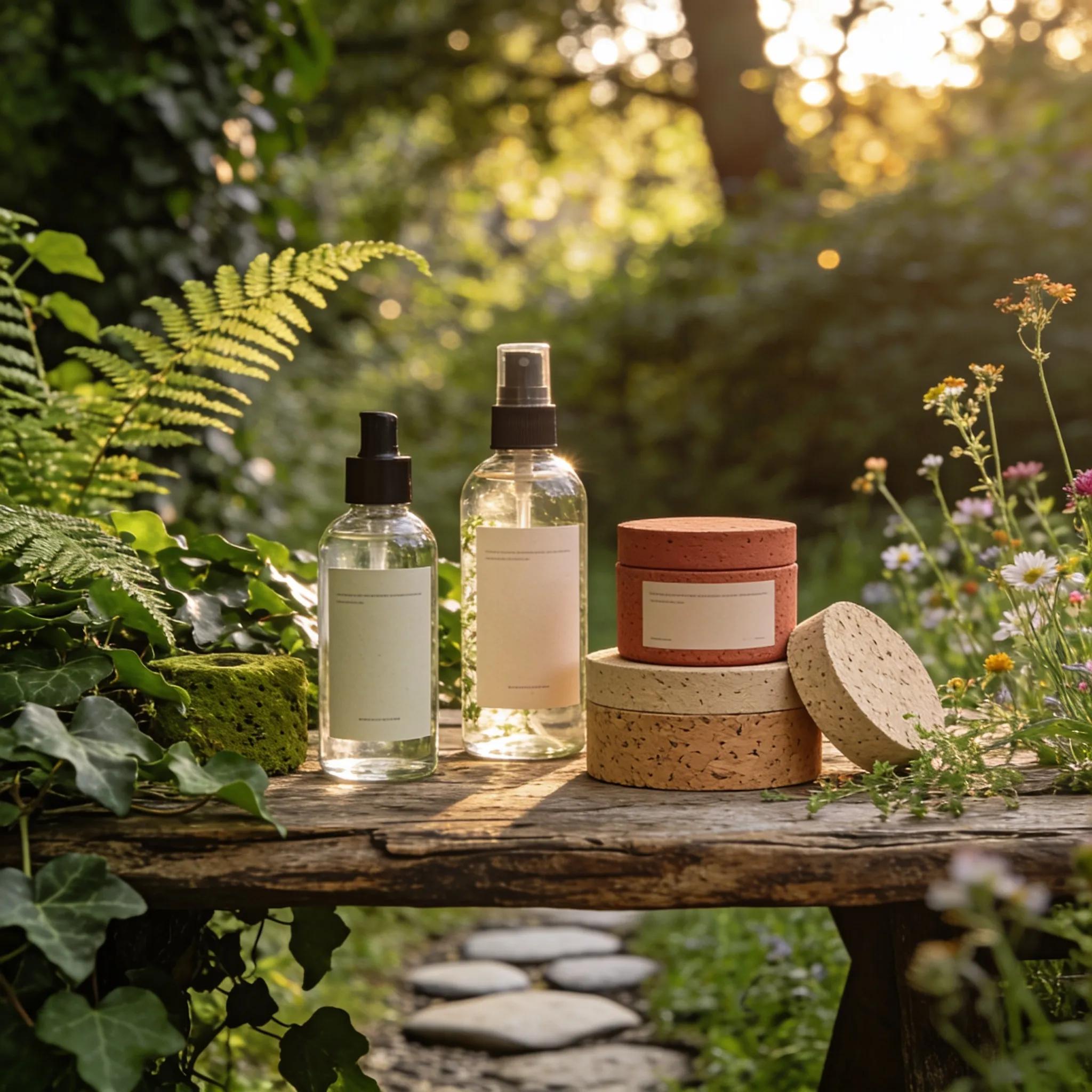 Eco-friendly skincare packaging arranged in a natural outdoor setting promoting sustainability