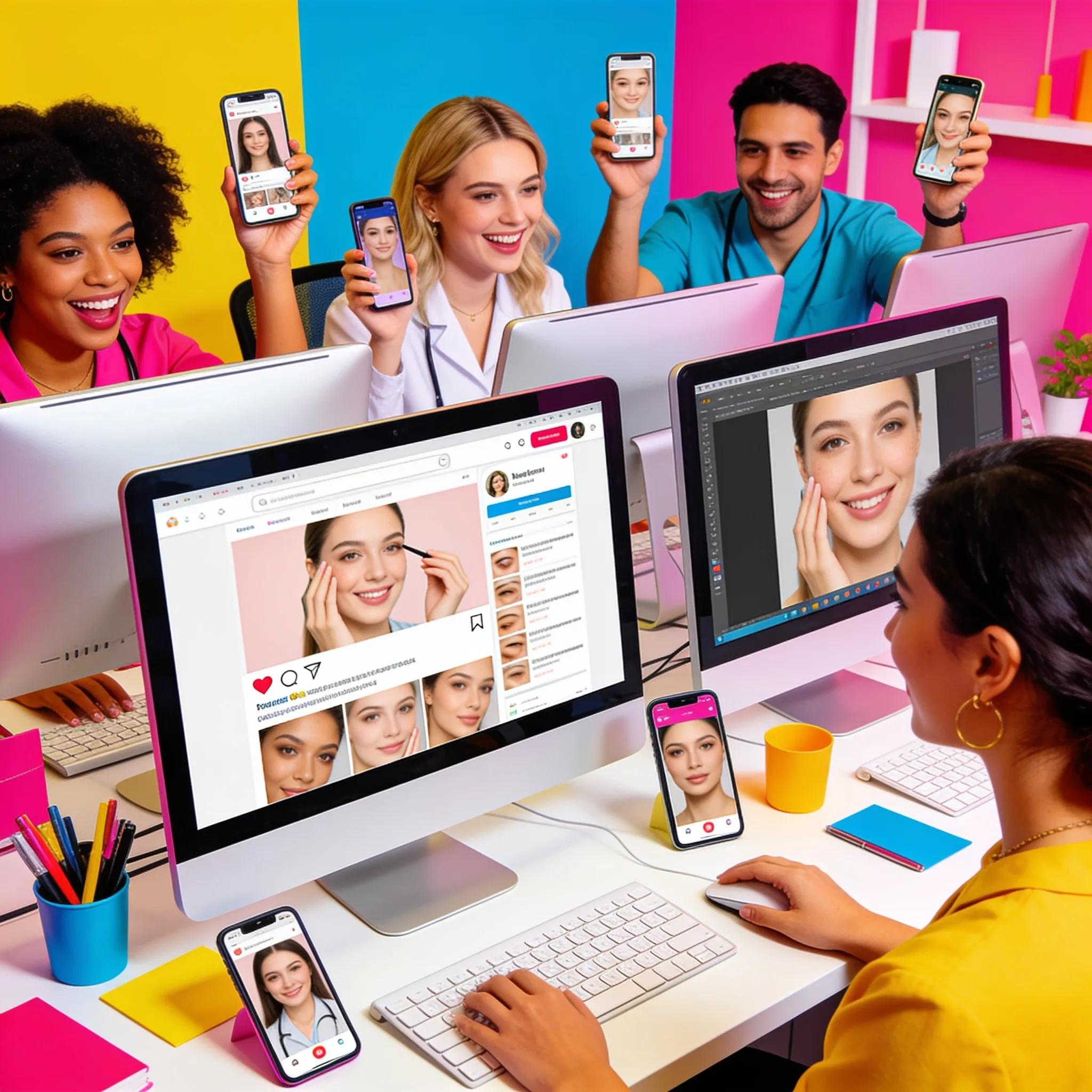 Med spa team engaging with clients on social media in a vibrant workspace