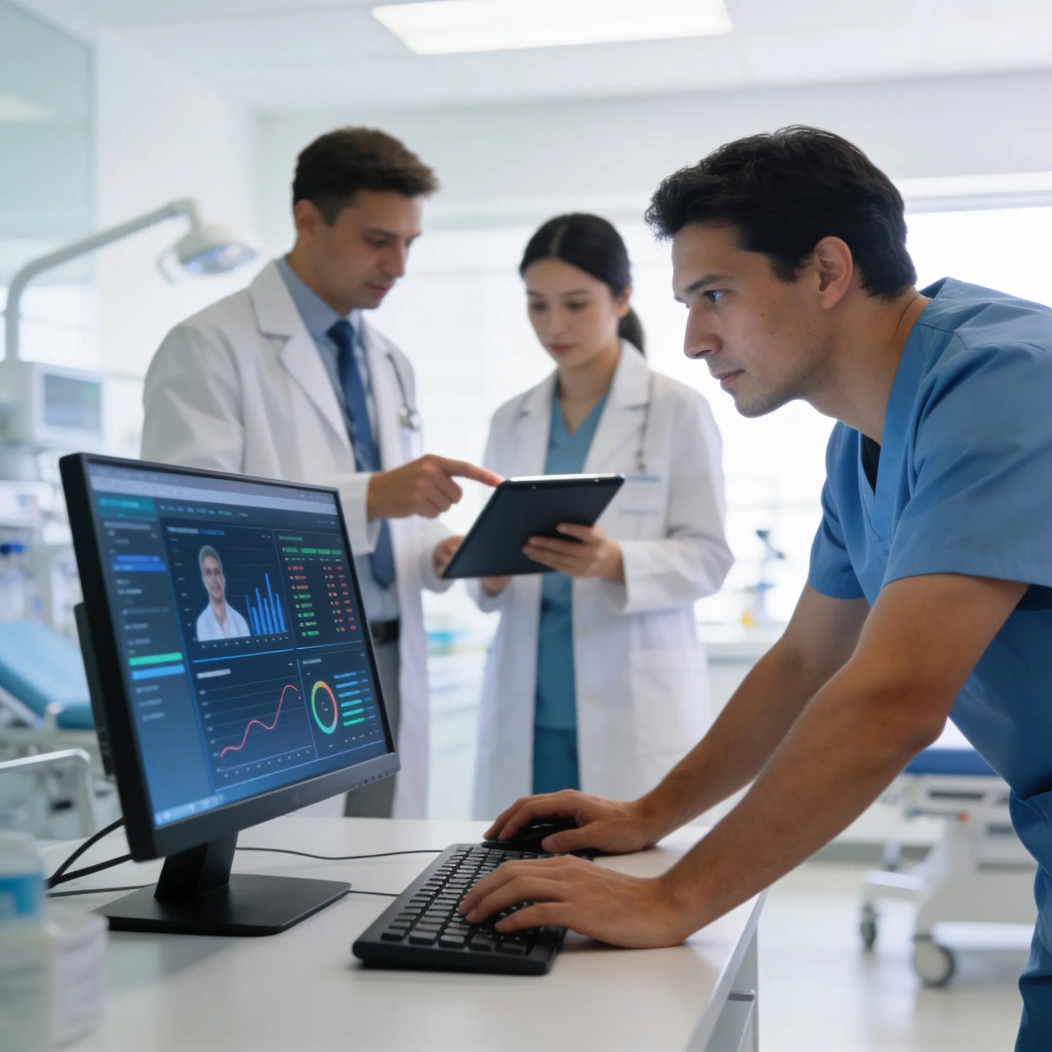 Medical professional analyzing patient data using predictive analytics tools in a modern clinic