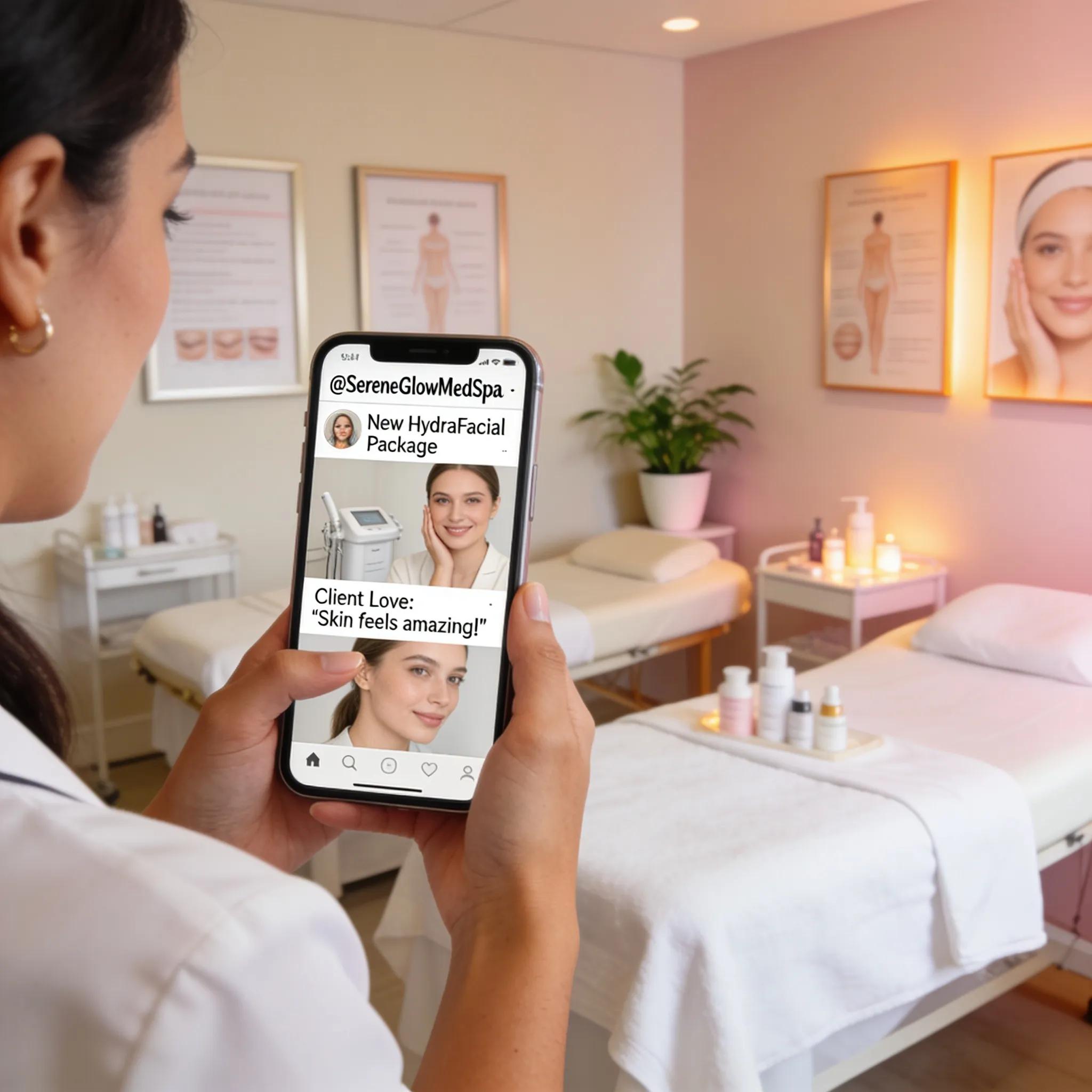 Med spa team using social media for client engagement in a professional setting