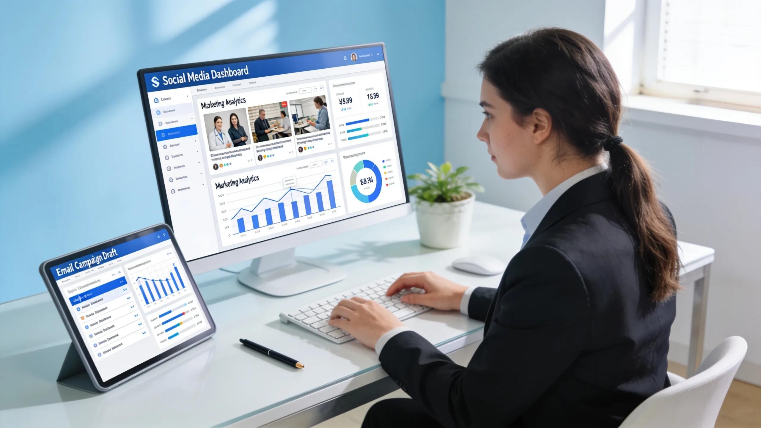 Clinic employee managing digital marketing on multiple devices in a modern workspace