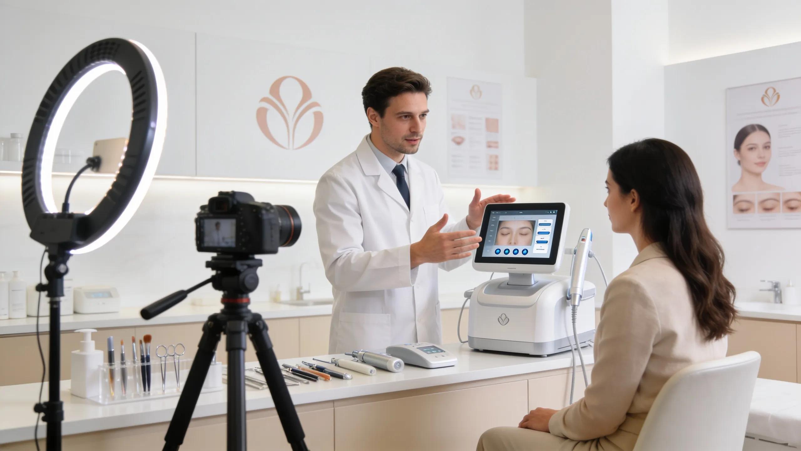 Professional filming in an aesthetic clinic highlighting patient education and engagement