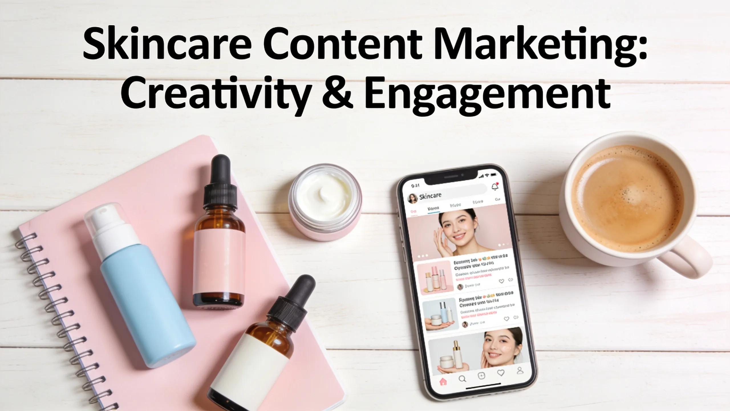 52713a1e 43e2 461e B49e 926d20e4815a Flat lay of skincare products and content marketing materials showcasing engagement strategies in the skincare industry