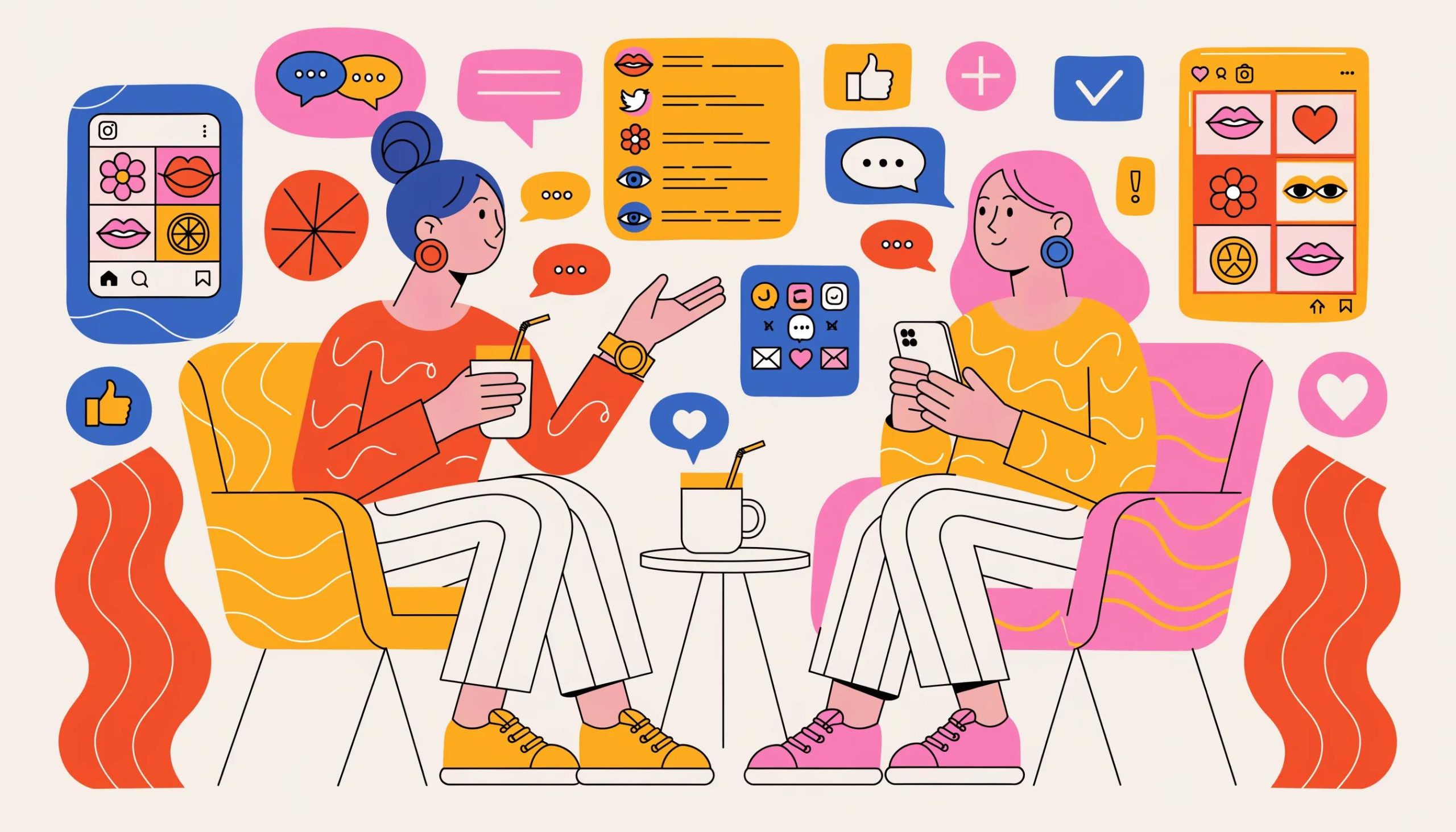 Clinician interacting with patient amidst social media symbols emphasizing digital engagement