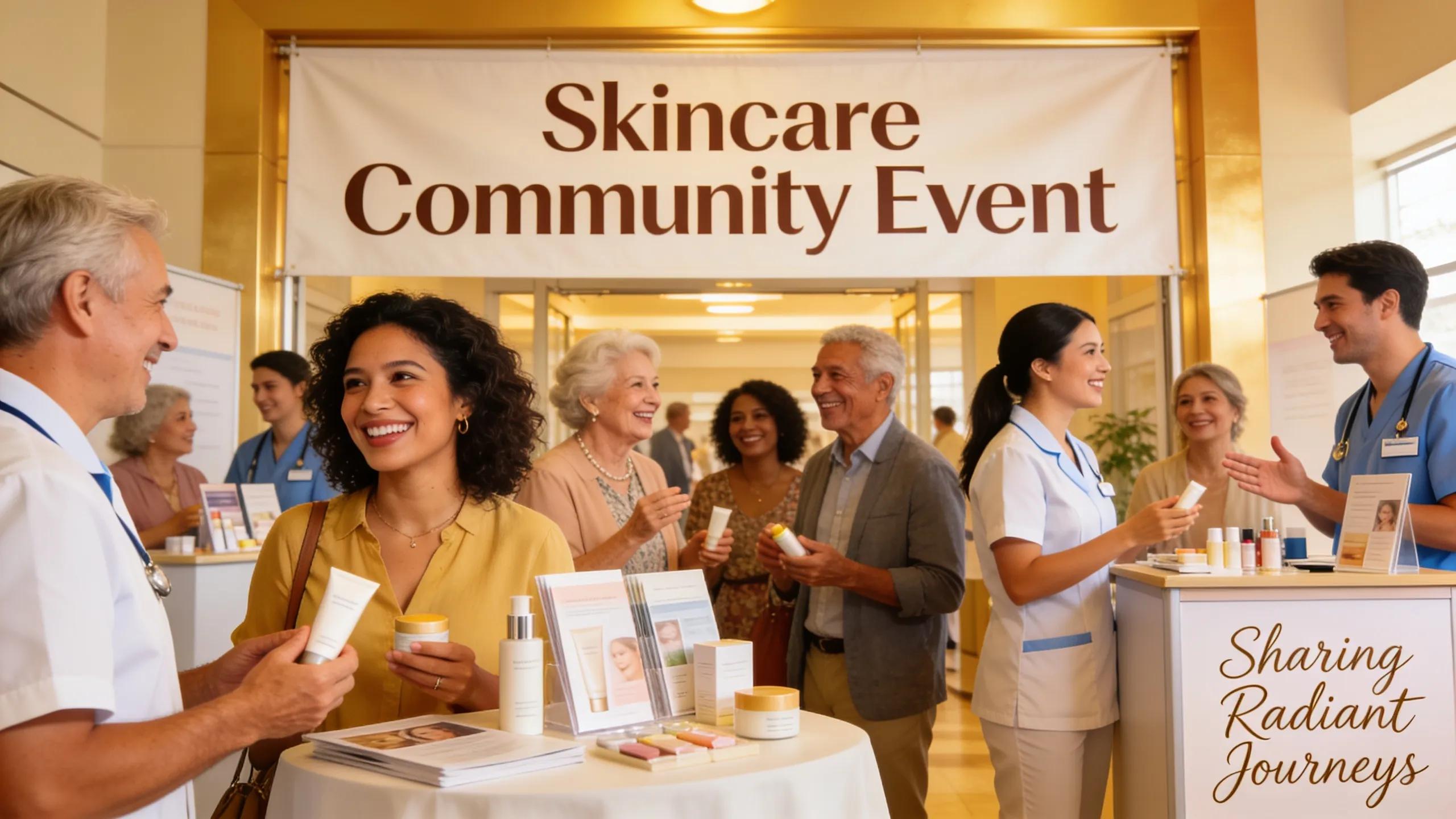 90cc56d5 1ba3 4711 8398 Dccc8a3f6905 Patients interacting at a skincare clinic event, sharing positive experiences and building community