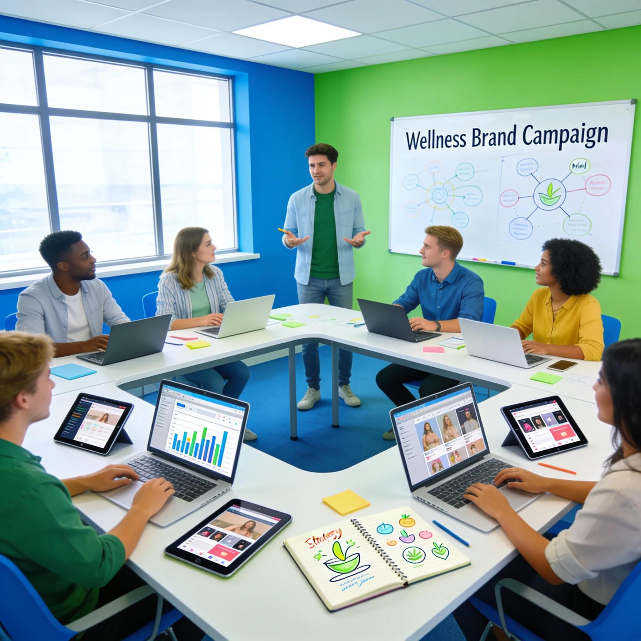 Team collaborating on digital marketing strategies for wellness brand in a creative environment