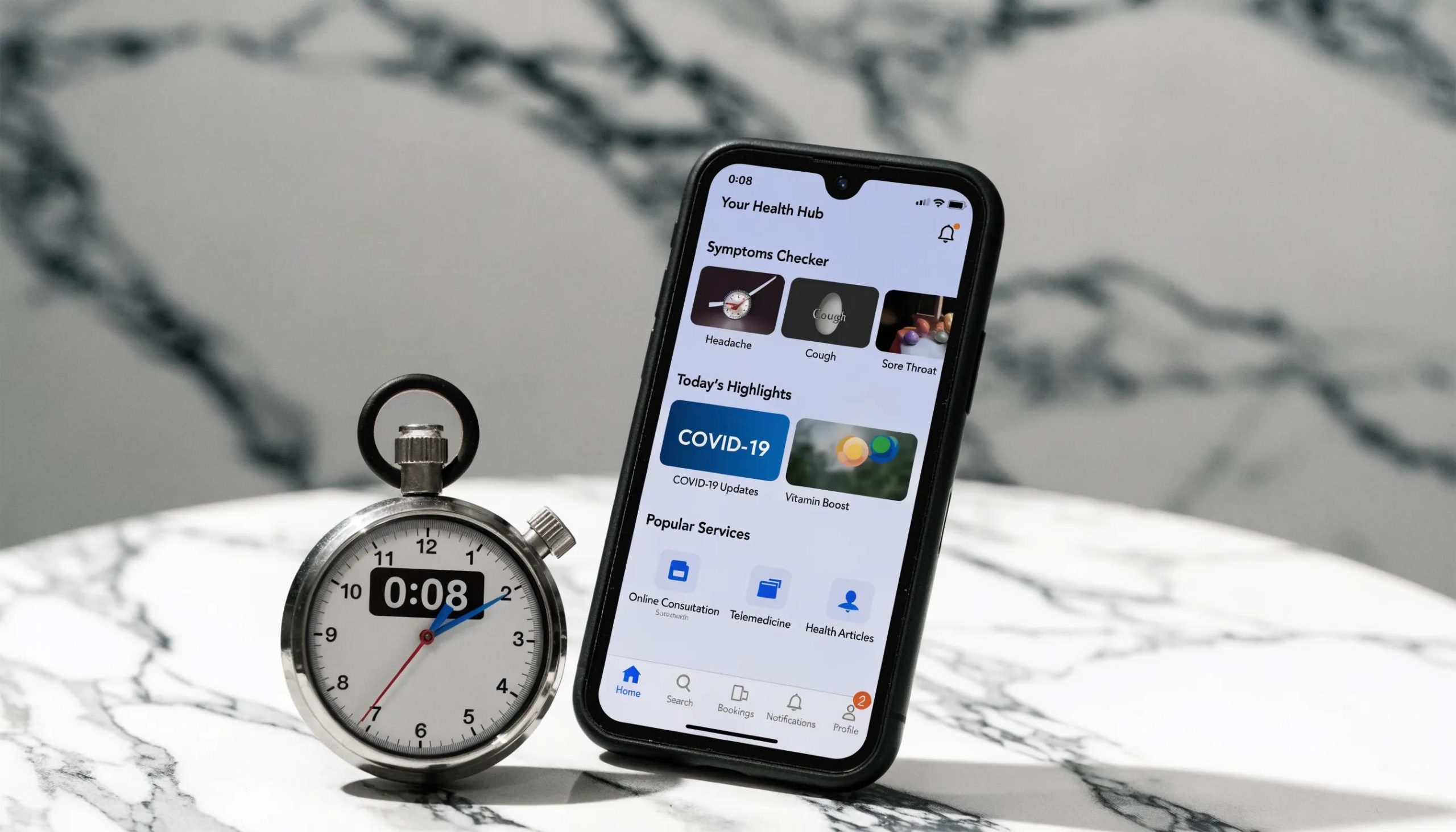 Stopwatch and smartphone representing fast-loading healthcare app to illustrate site speed evaluation