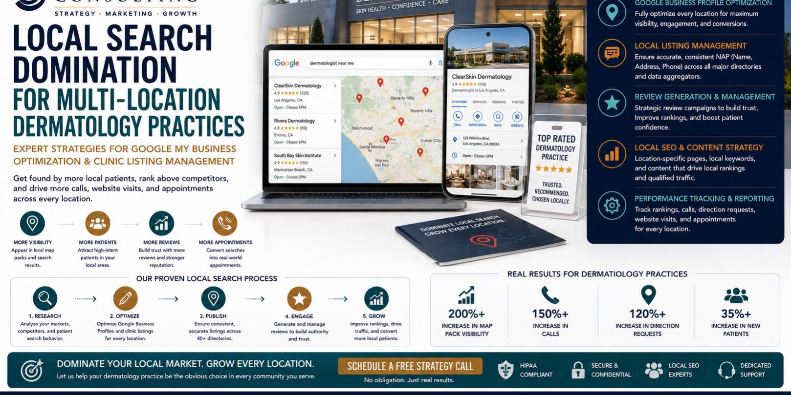 Local Search Domination for Multi-Location Dermatology Practices