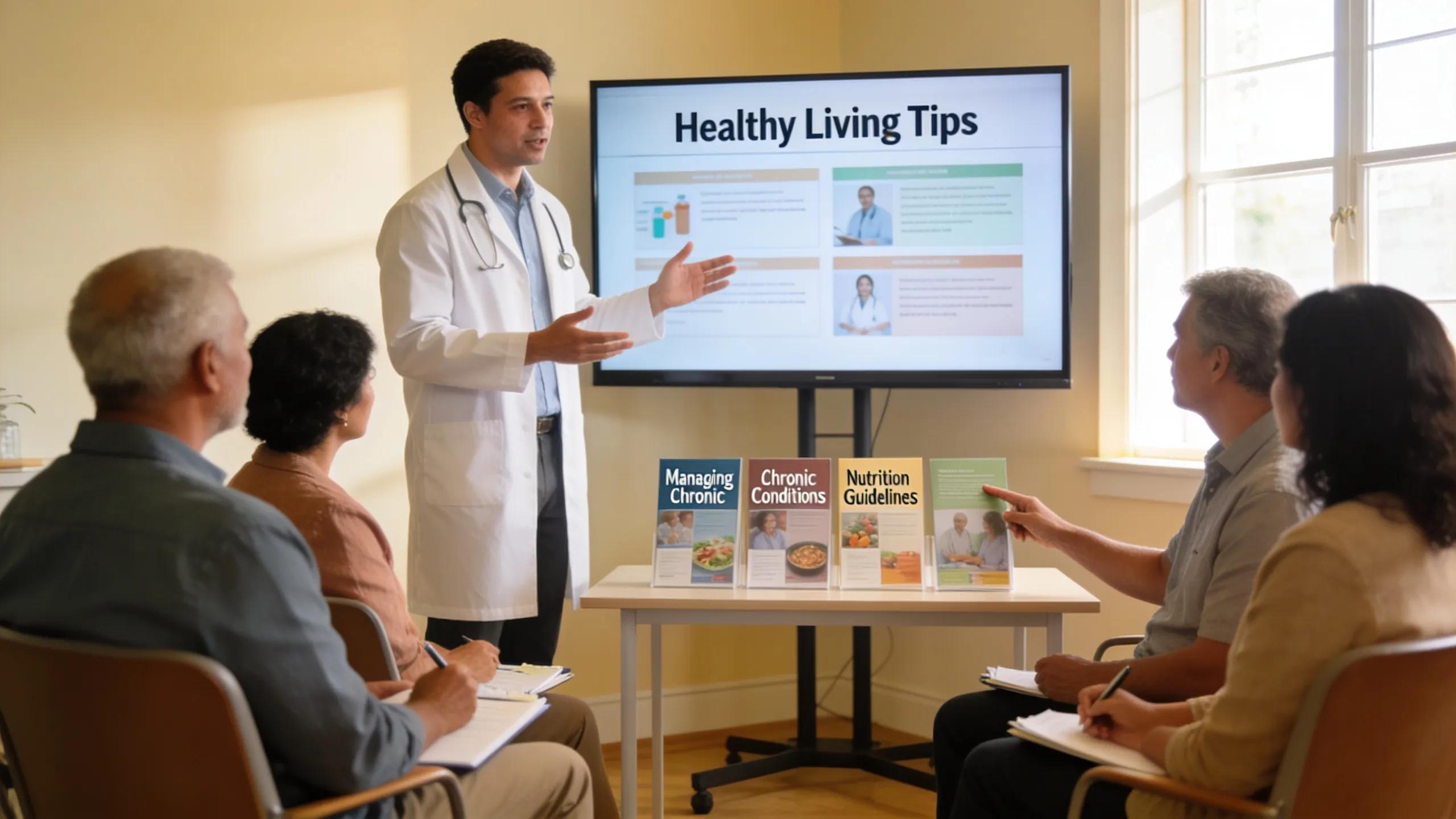 Healthcare provider educating a small patient group in a comfortable clinic environment