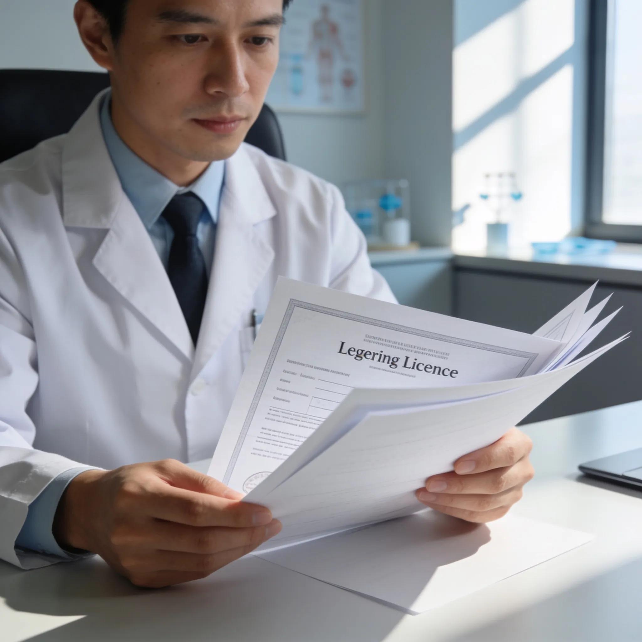 Healthcare professional examining med spa licensing documents in a professional office setting