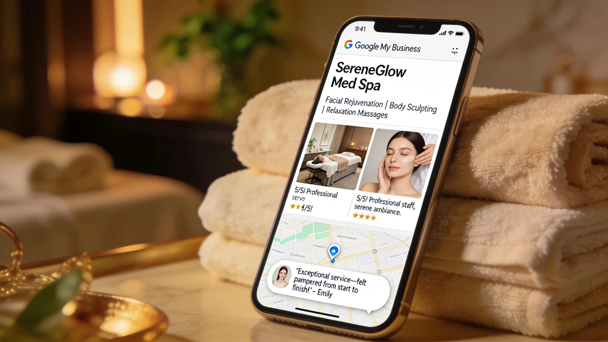 Smartphone displaying an optimized Google My Business profile for a med spa