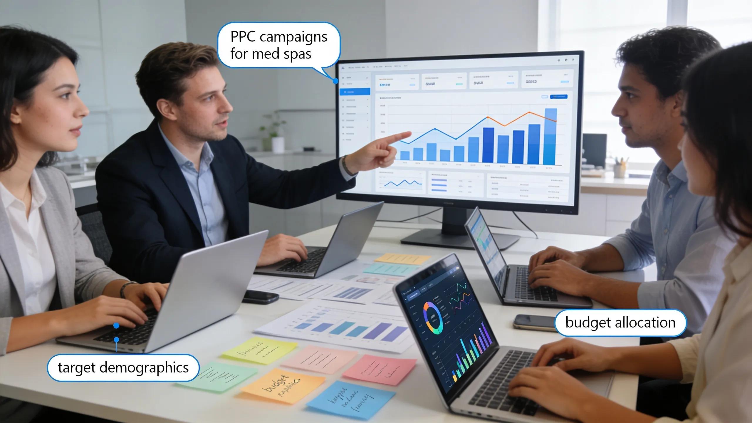F55437c3 Aa75 47d2 9962 E2607827cfc7 Marketing team collaborating in a modern office, strategizing for high-performing PPC campaigns in med spas.