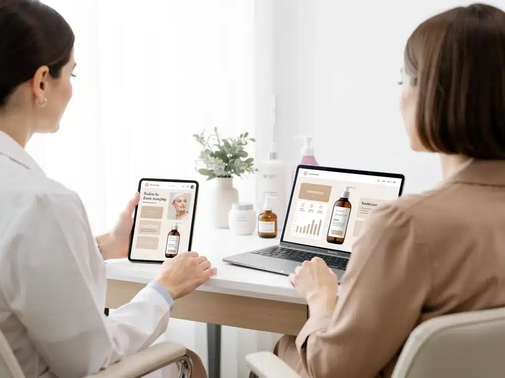 Dermatologist reviewing practice growth metrics on a tablet